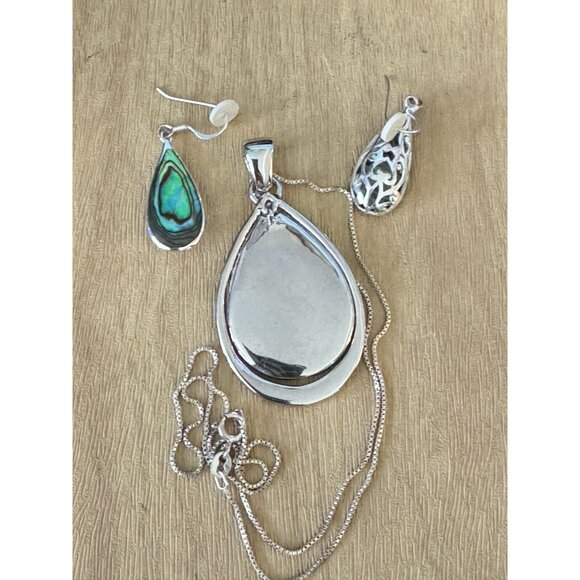 Abalone Pendant Necklace & Matching Earrings Set Sterling Silver Jewelry Elegant - Picture 5 of 6